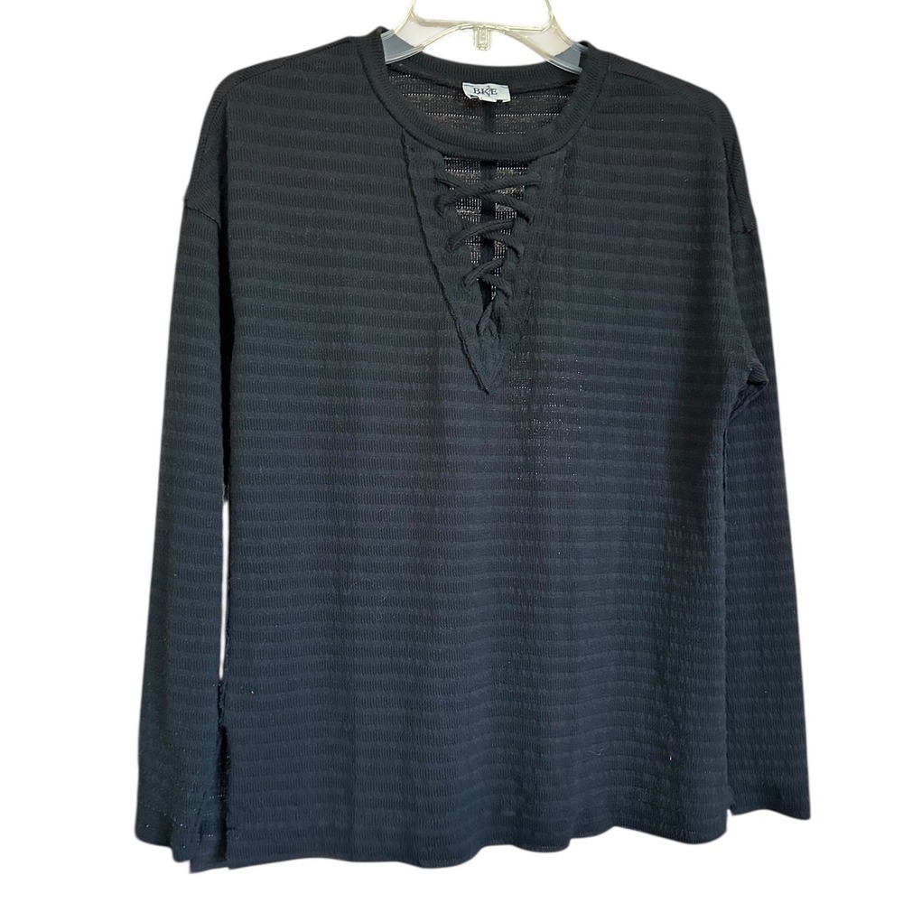 BKE Womens XS Black Lace Up V-Neck Ribbed Textured Long Sleeve Top Pullover